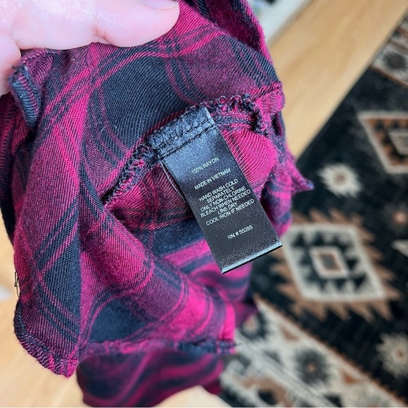 2/$25 Express Burgundy Buffalo Plaid Lightweight Bell Sleeve Flannel Button Down - Picture 11 of 12